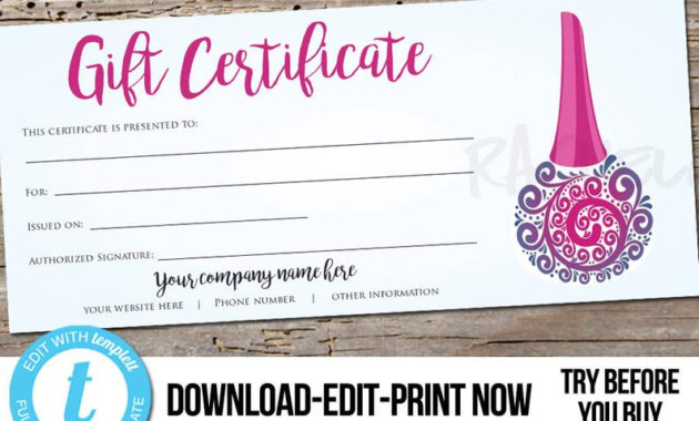 Editable Custom Nail Salon Gift Certificate Printable | Etsy With Nail Salon Gift Certificate
