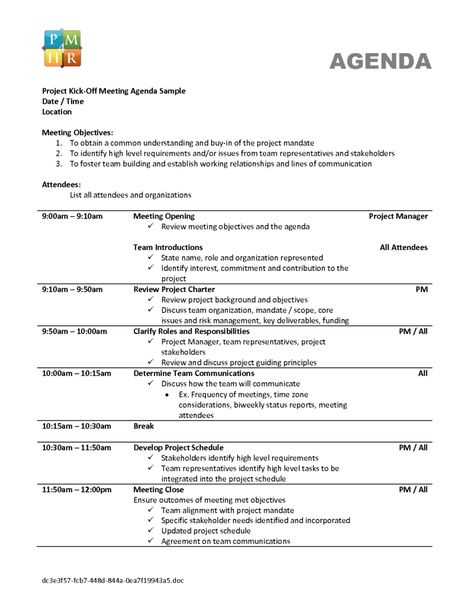 Qualified Agenda Template Sample For Project Kick Off With Project Management Kick Off Meeting Agenda Template
