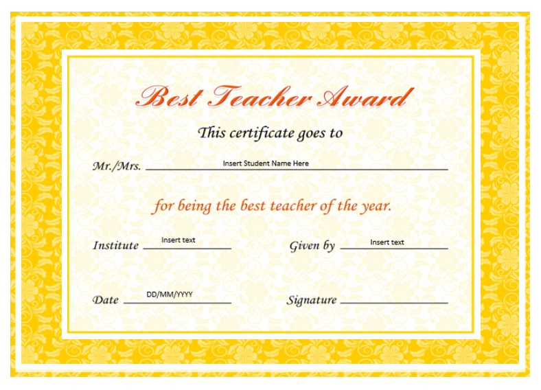 10+ Best Teacher Certificate Templates | Free Word & Pdf For Best ...