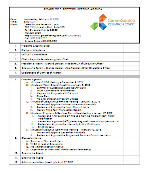 17+ Board Of Directors Meeting Minutes Templates Free Doc For Board Meeting Agenda Template Non Profit