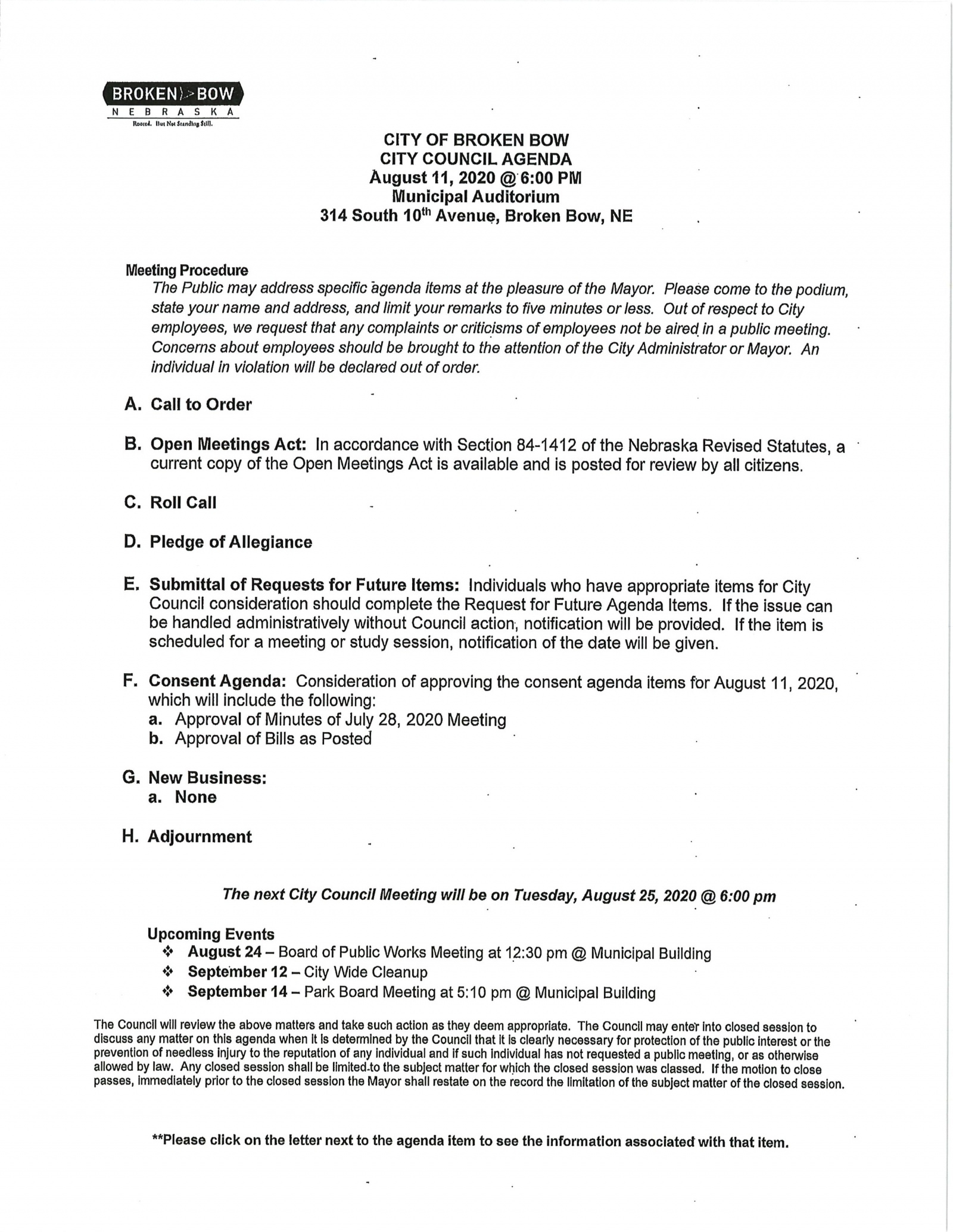 Agenda: No New Business Planned For Broken Bow City With Regard To Town Hall Meeting Agenda Template