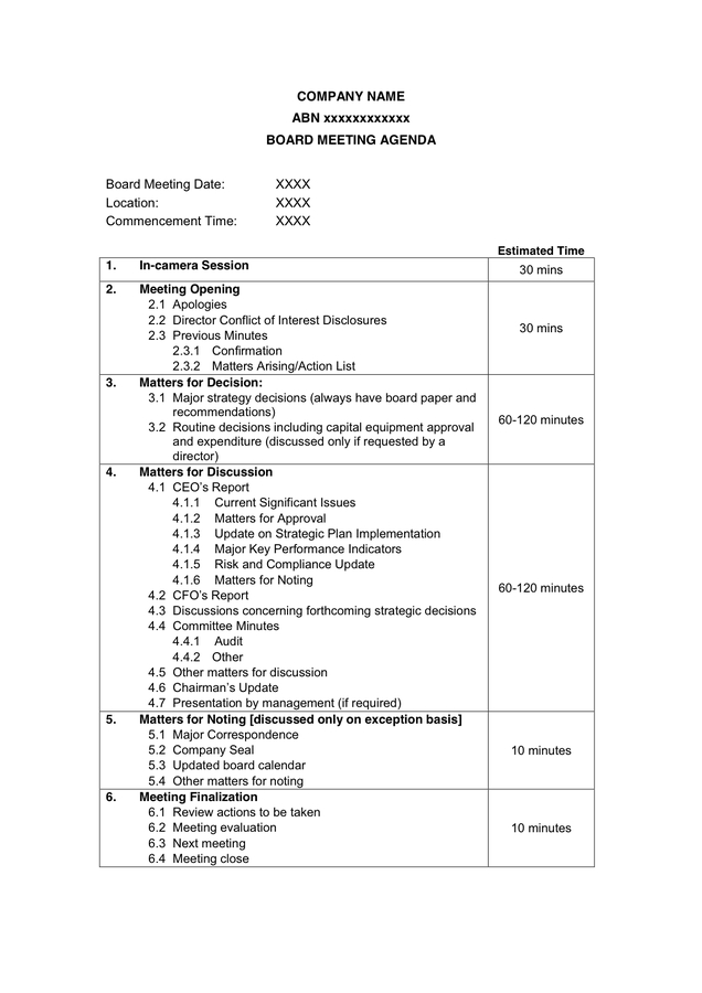 Board Meeting Agenda Template In Word And Pdf Formats Pertaining To First Board Meeting Agenda Template