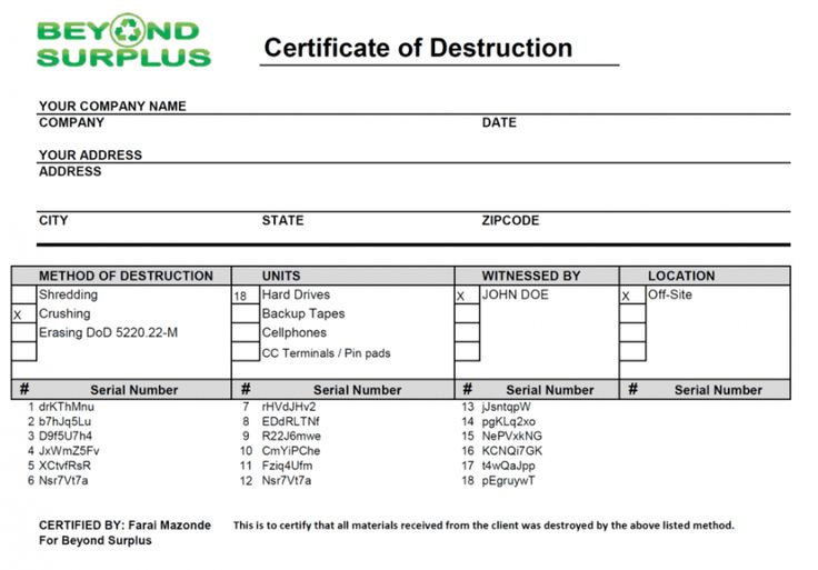 Hard Drive Destruction Certificate Template