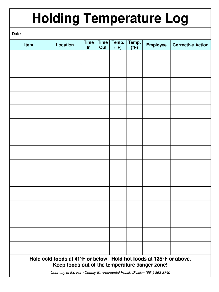 Ca Holding Temperature Log Kern County Fill And Sign With Regard To Temperature Log Sheet Template
