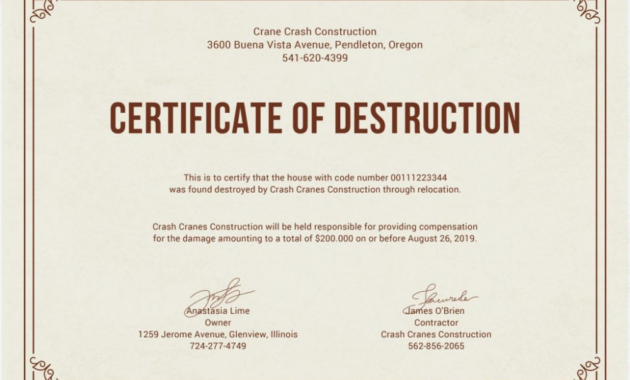 Certificate Of Destruction Template Stunning Word With Destruction Certificate Template