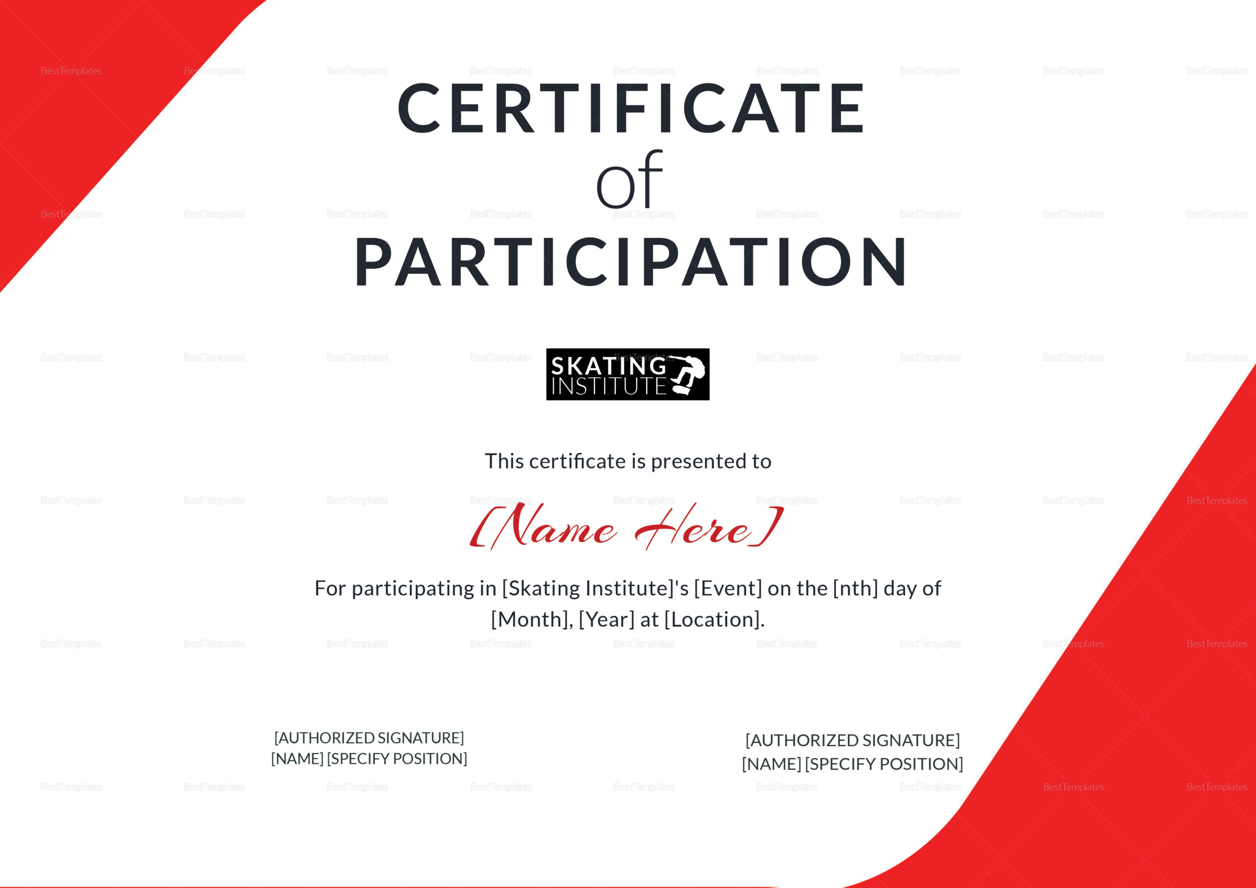 Certificate Of Participation For Skating Design Template Intended For Sample Certificate Of Participation Template