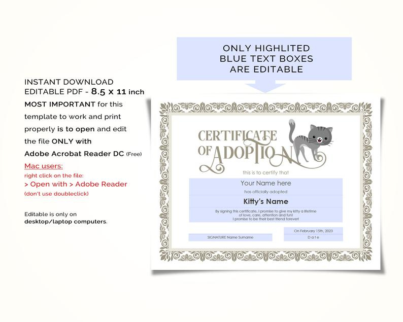 Editable Certificate Of Cat Adoption Template Printable For Fresh Dog Adoption Certificate Editable Templates