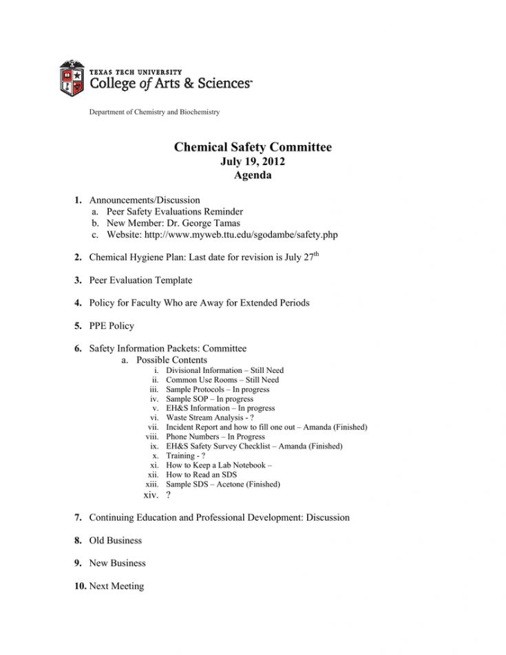 Editable Chemical Safety Committee July 19 2012 Agenda Pertaining To Hoa Meeting Agenda Template