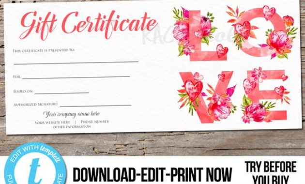 Editable Custom Love, Printable Gift Certificate Template With Regard To Anniversary Gift Certificate