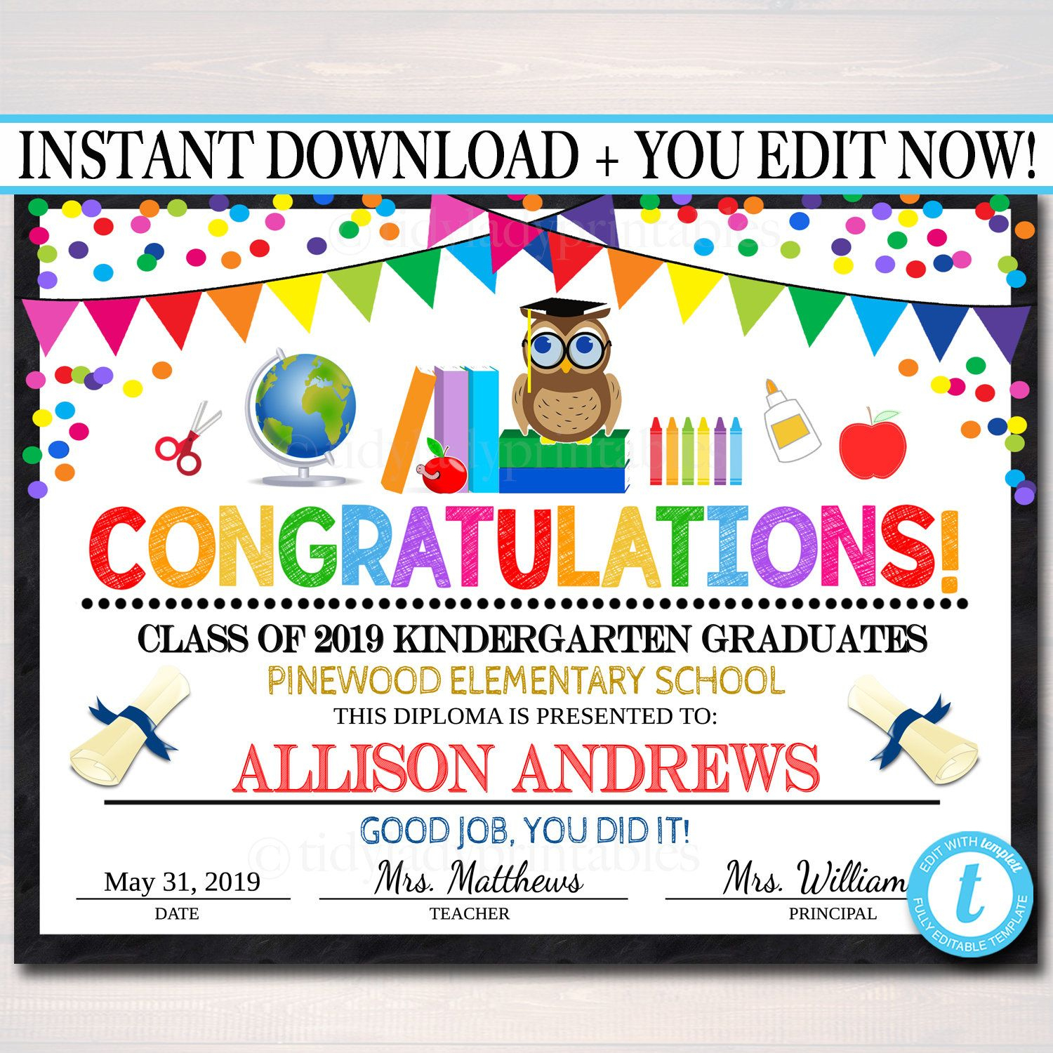 Editable Graduation Certificate Any Grade Printable For Kindergarten Completion Certificate Templates