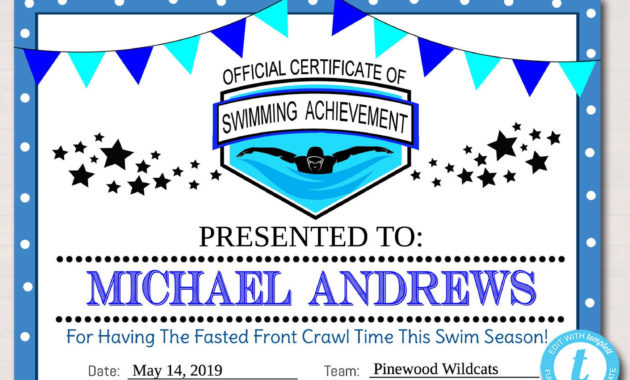 Editable Swim Team Award Certificates Instant Download | Etsy In Editable Swimming Certificate Template Free Ideas