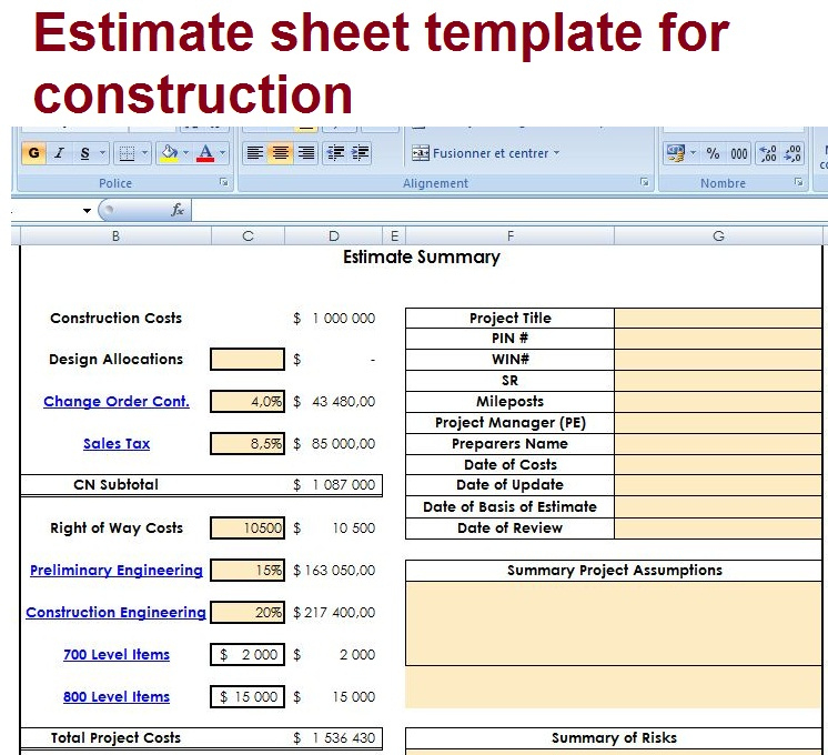 Estimate Sheet Template For Construction Civil In Training Cost Estimate Template