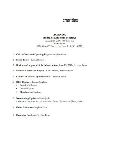 Free 10+ Charity Meeting Agenda Samples &amp; Templates In Pdf With Corporate Board Of Directors Meeting Agenda Template