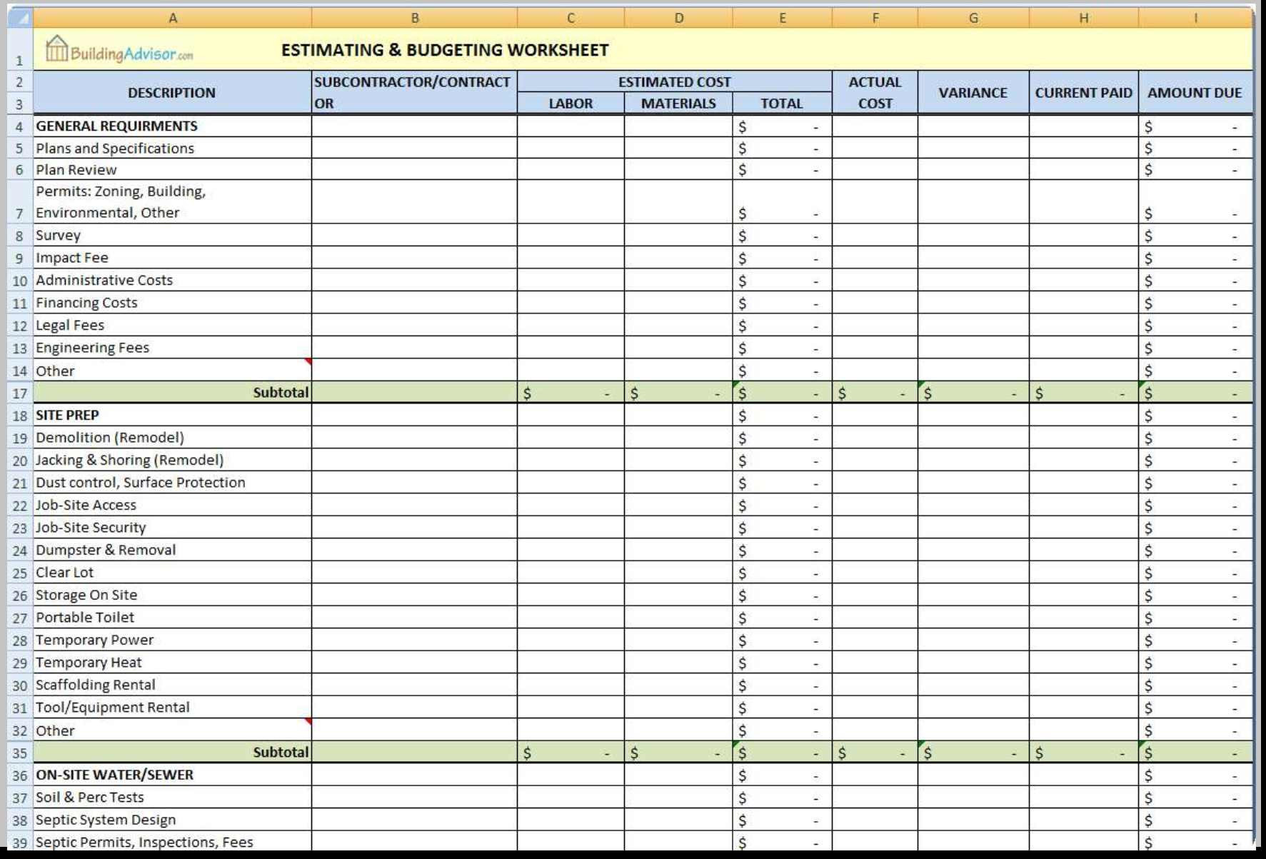 Free Construction Cost Estimate Excel Template Throughout Building Cost Spreadsheet Template