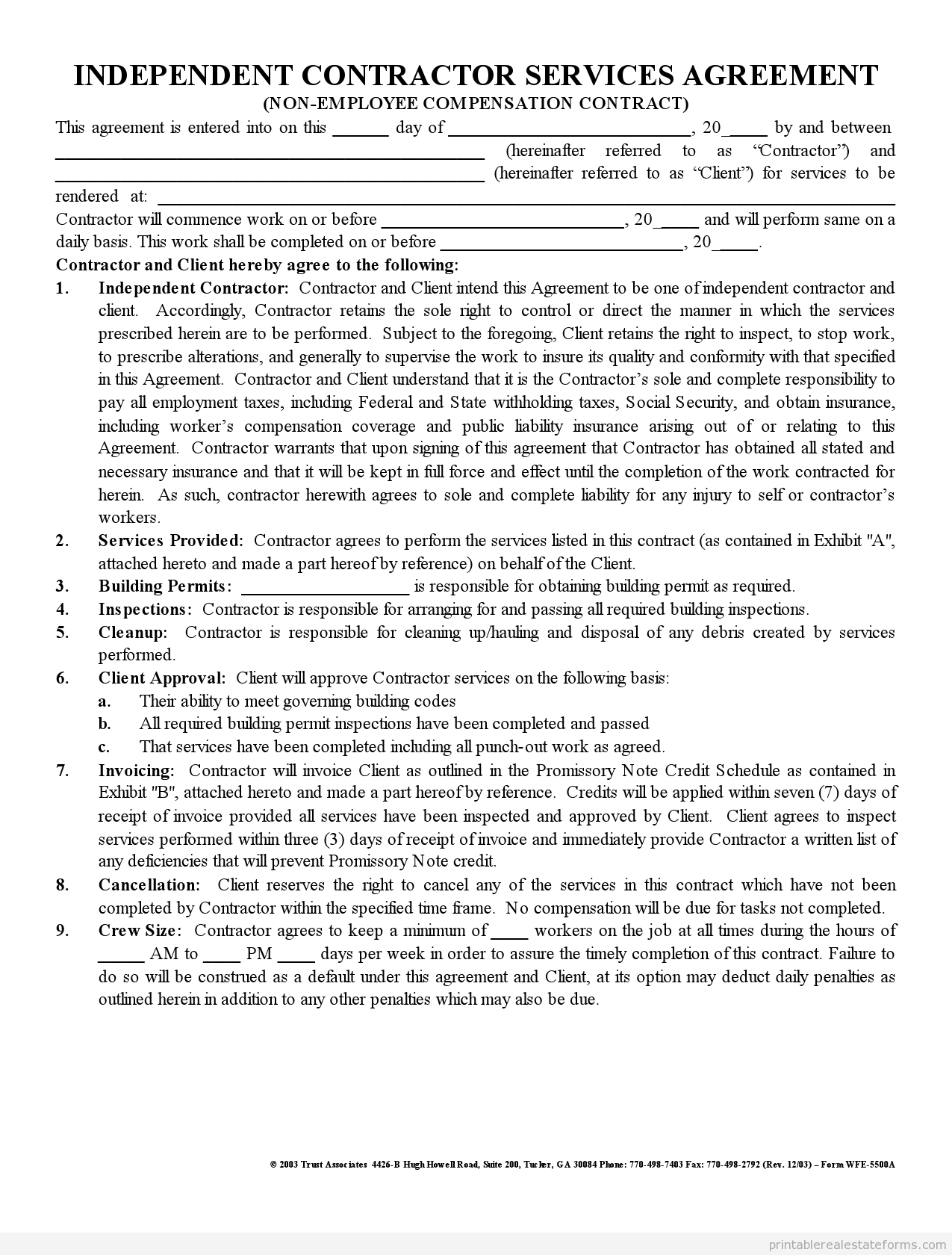 Free Printable Independent Contractor Agreement Form Regarding Cost Plus Building Contract Template