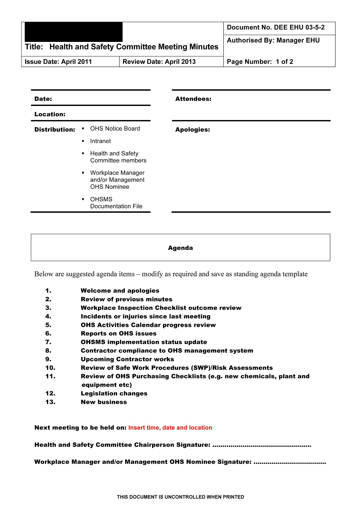 Health And Safety Committee Meeting Agenda Template Pdf Regarding Safety Committee Agenda Template