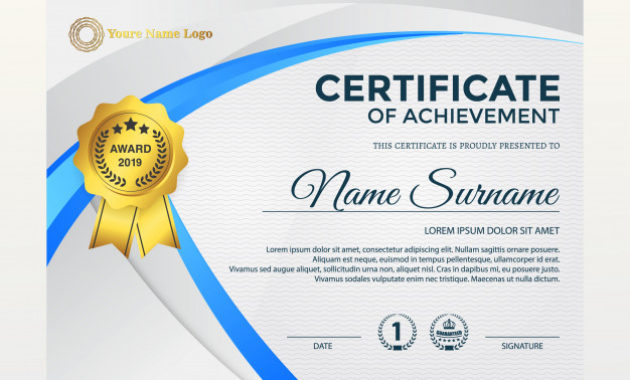Modern Certificate Of Achievement Template, Gold And Blue Inside Tennis Achievement Certificate Templates