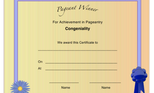 Pageant Congeniality Achievement Certificate Template With Regard To Fascinating Pageant Certificate Template