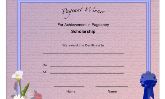 Pageant Scholarship Achievement Certificate Template For Pageant Certificate Template