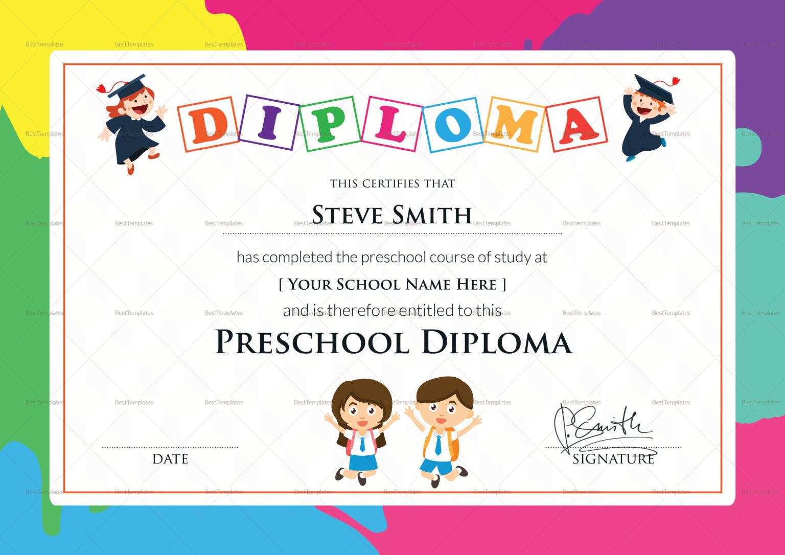Preschool Diploma Certificate Template Graduation With Regard To Pre