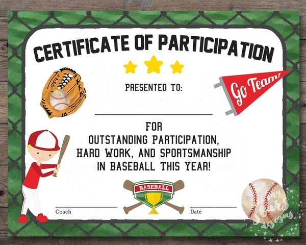 Printable Baseball Participation Certificate Sports Award Throughout Baseball Award Certificate Template
