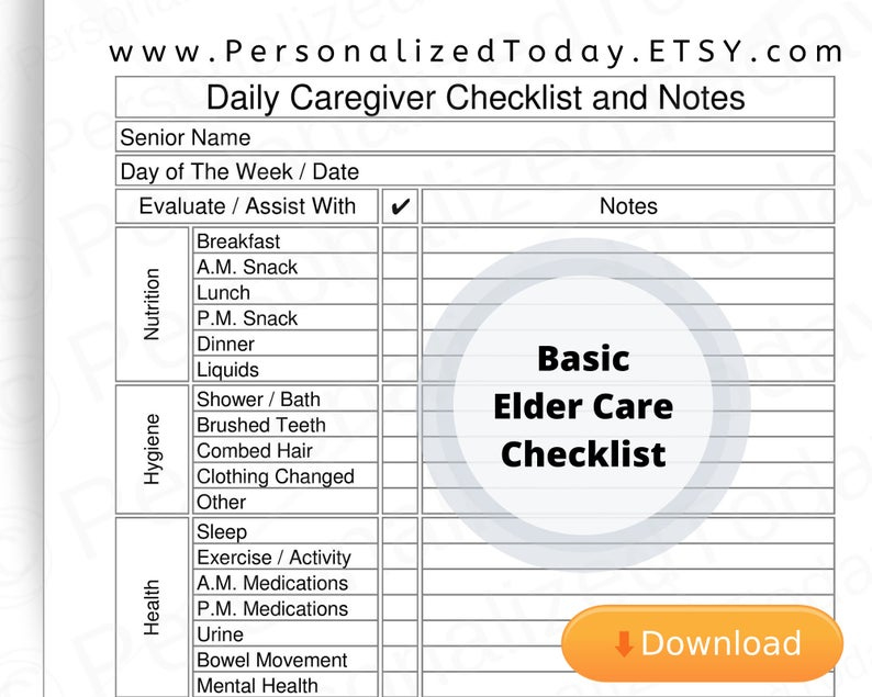 Printable Elder Care Daily Caregiver Log Pdf Digital With Regard To Home Health Care Daily Log Template