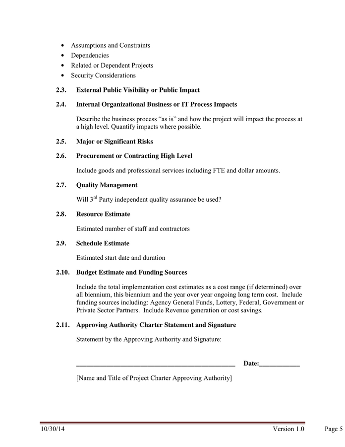 Project Charter In Word And Pdf Formats Page 5 Of 5 Intended For Independent Government Cost Estimate Template