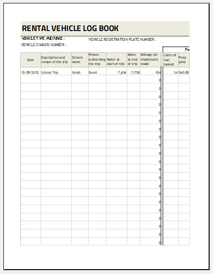 Rental Vehicle Log Book For Excel | Word &amp; Excel Templates With Regard To Vehicle Fuel Log Template