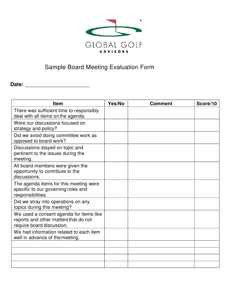 Sample Board Meeting Evaluation Form Global Golf Regarding Consent Agenda Template