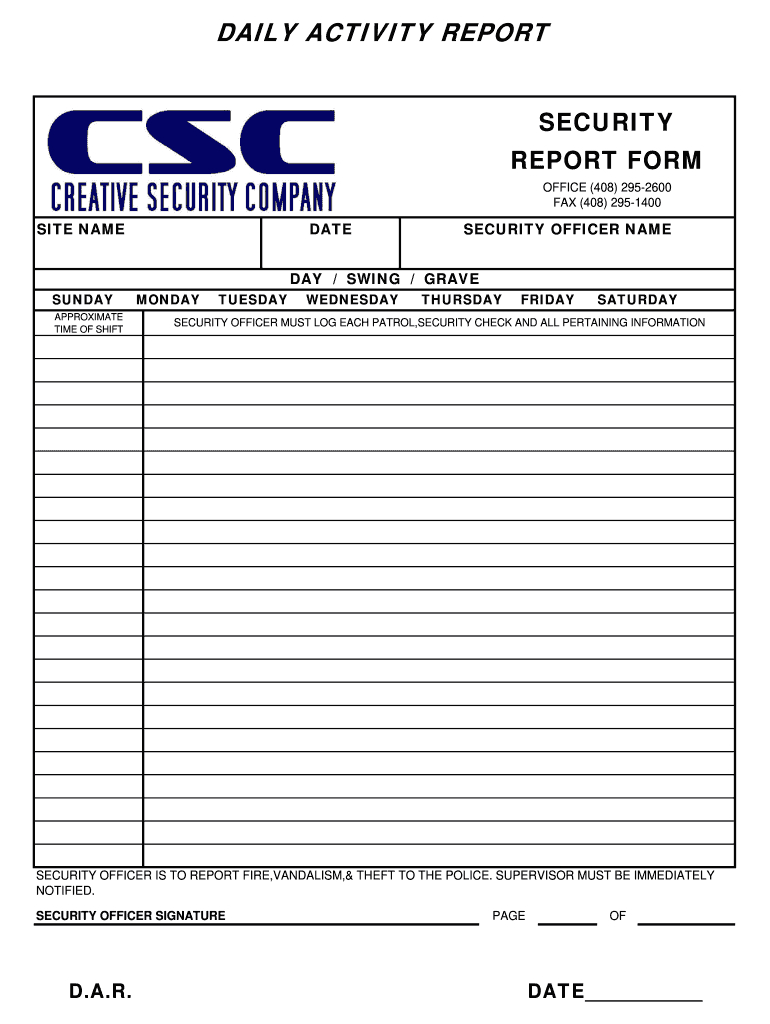 Security Officer Dar Report Form Fill Online, Printable In Construction Log Book Template