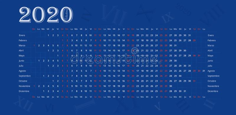 Spanish Calendar 2020 Horizontal Stock Vector Within Agenda Template With Roman Numerals