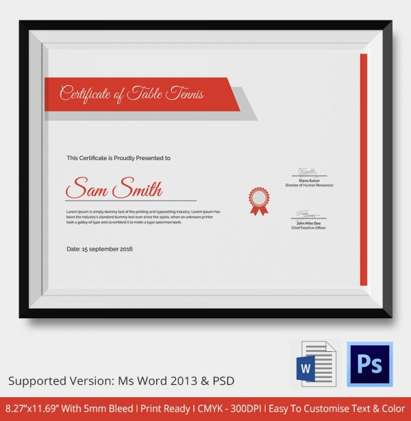 Table Tennis Certificate Template 7+ Free Word, Pdf, Psd Intended For Tennis Achievement Certificate Template