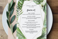 Tropical Menu Template, Palm Greenery And Gold Wedding Throughout Free Printable Menu Templates For Wedding