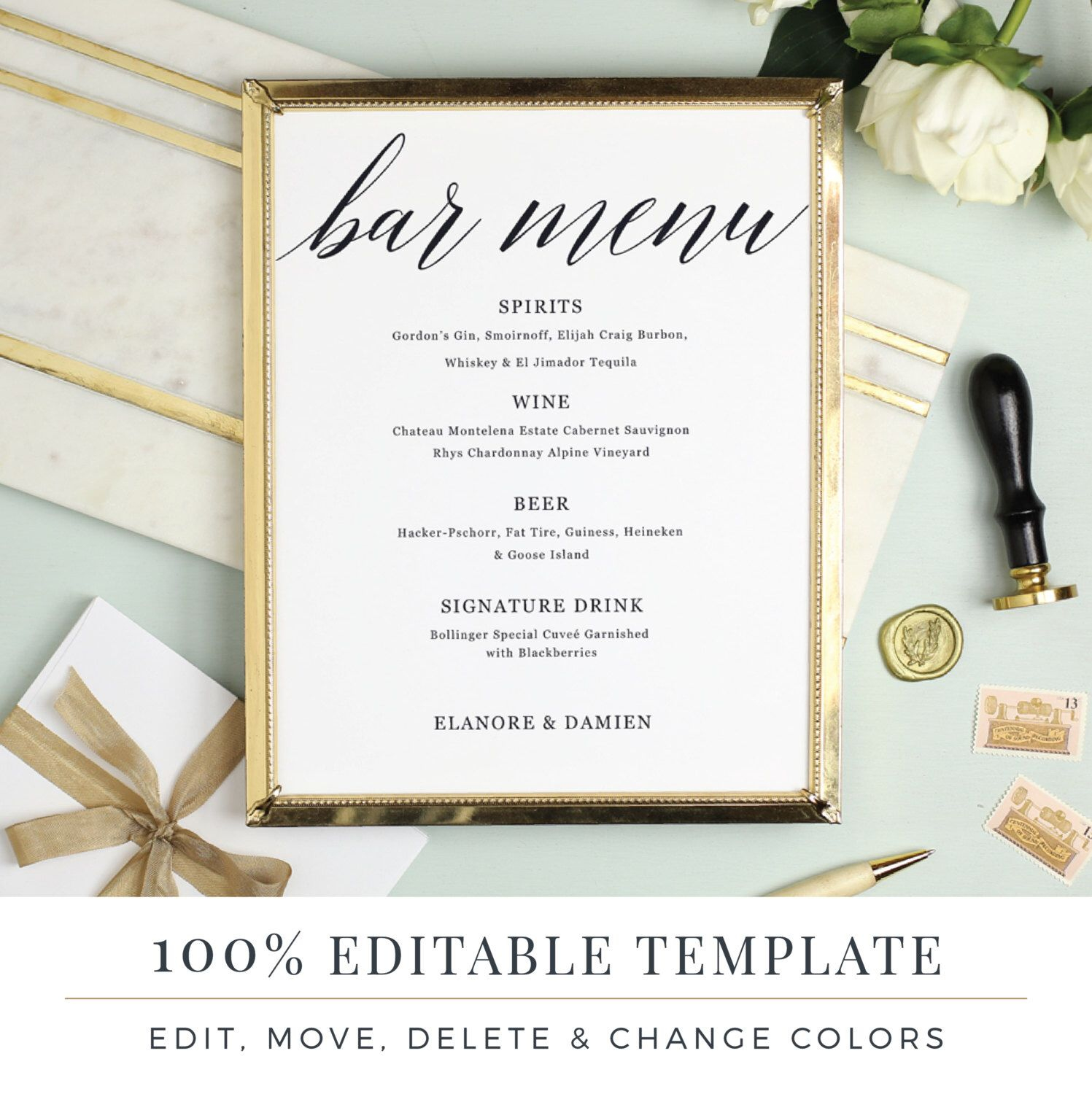 Wedding Bar Menu Template, Editable Bar Menu Printable Intended For Editable Menu Templates Free