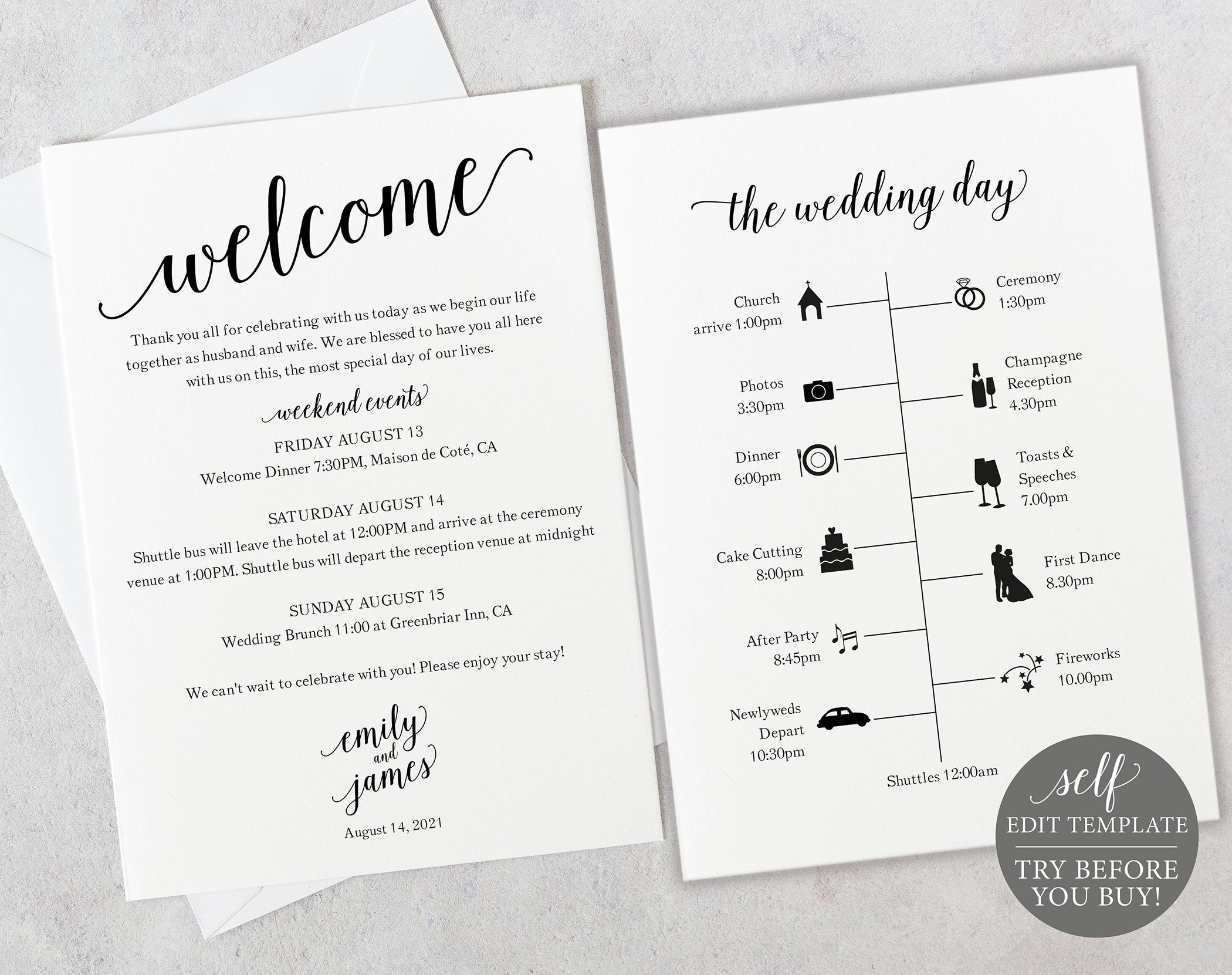 Wedding Itinerary Template, Modern Script, 100% Editable Within Wedding Agenda Template