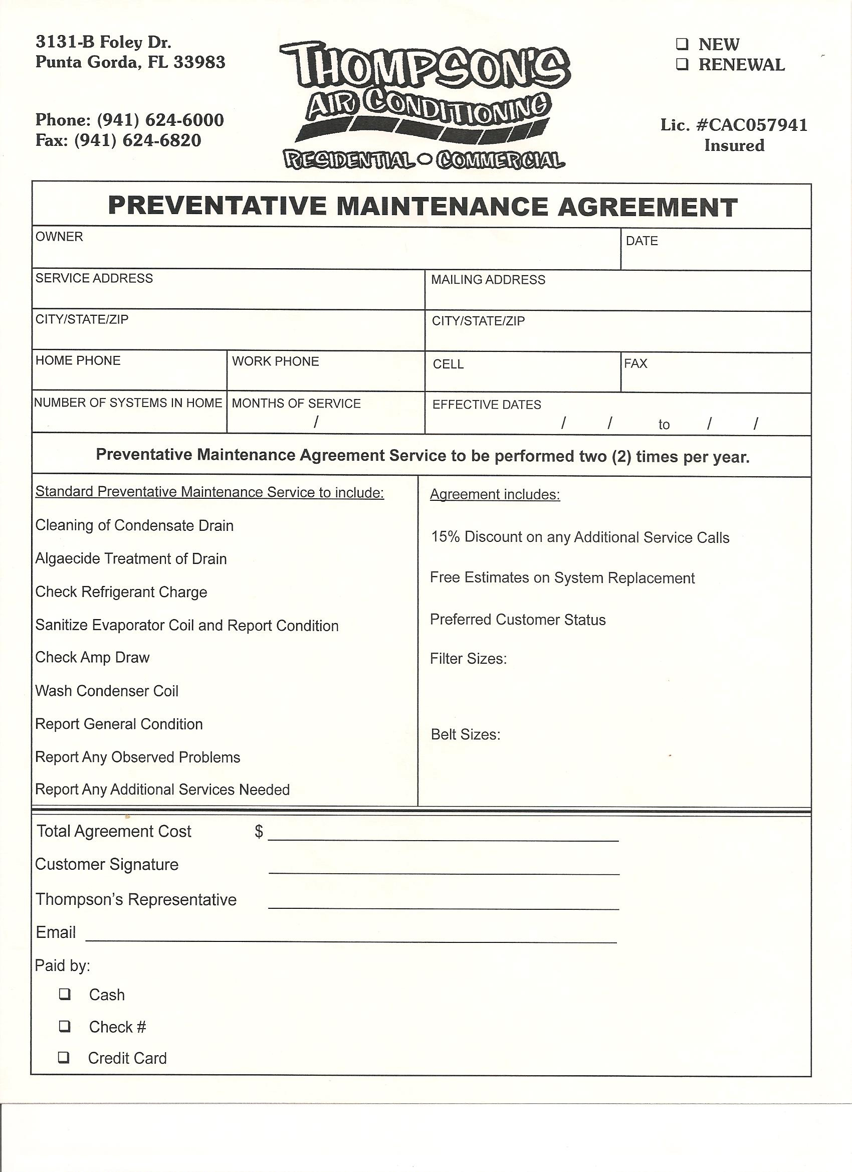Maintenance Agreement Thompson'S Air Conditioning | Port With New Air Conditioning Estimate Template