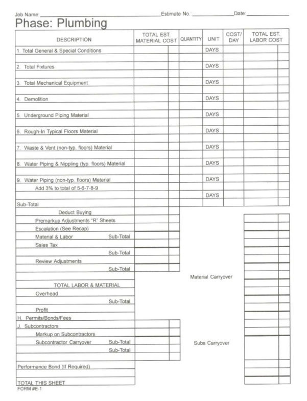 Plumbing Estimating Excel Spreadsheet In Plumbing Estimate Pertaining To New Plumber Estimate Template