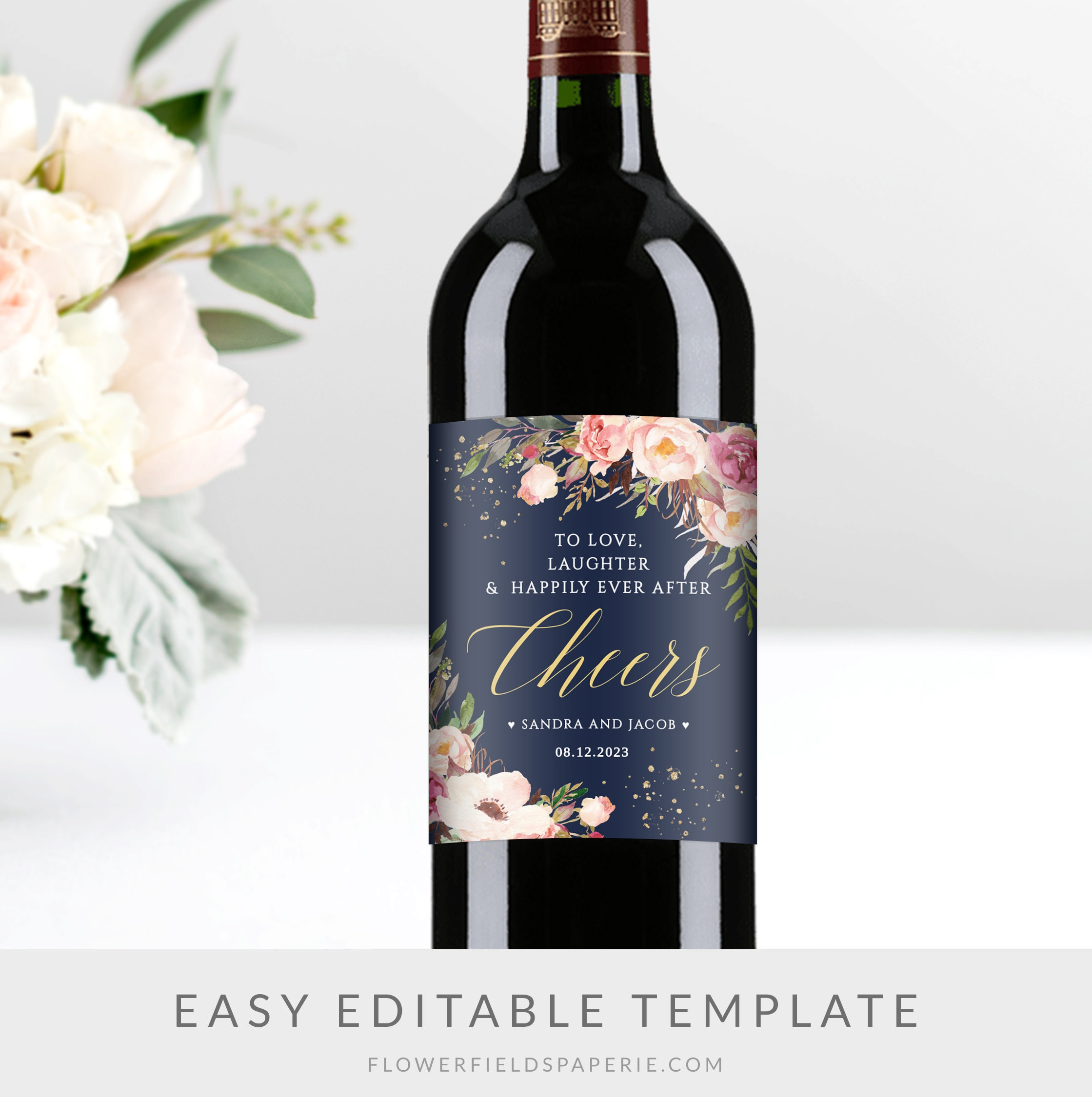 Wine Label Template, Navy And Pink Wedding Wine Labels within Blank Wine Label Template
